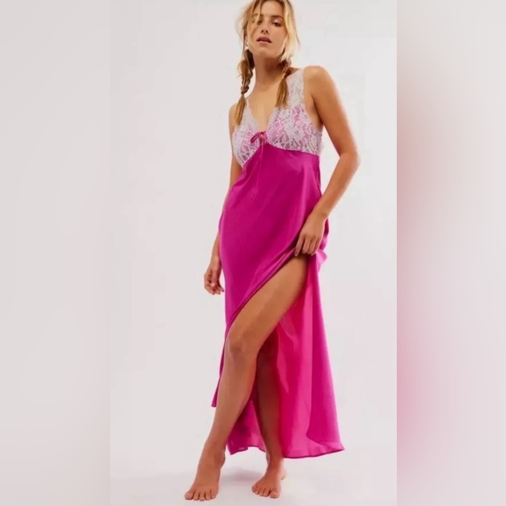 New Free People Intimately Countryside Maxi Slip Dress, Size XS, Magenta Lace